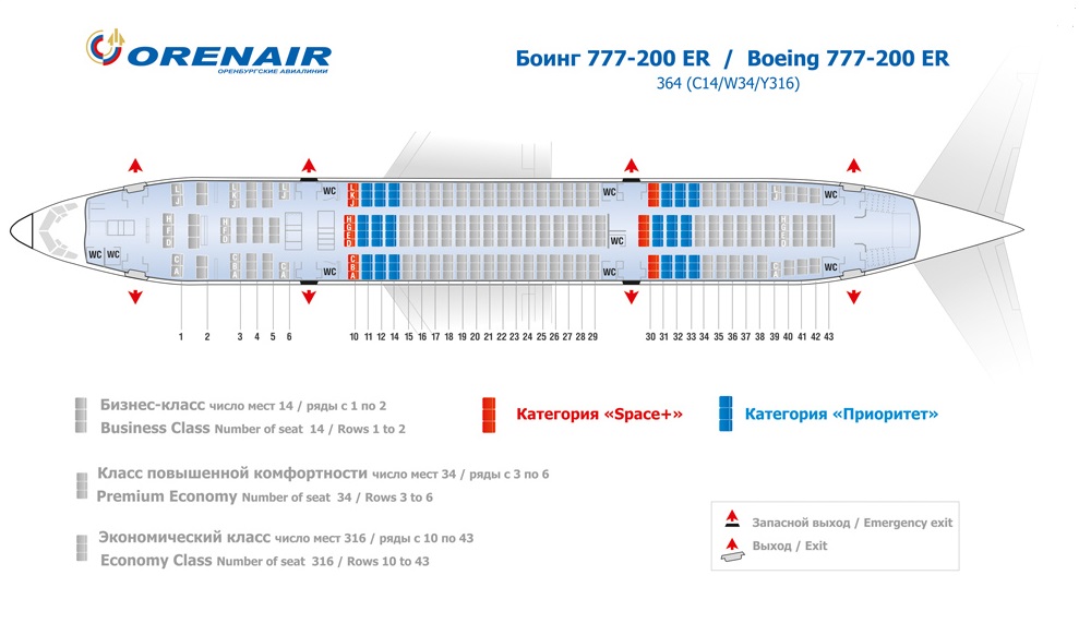 Боинг 777-200 Оренбургские авиалинии - схема салона и лучшие места