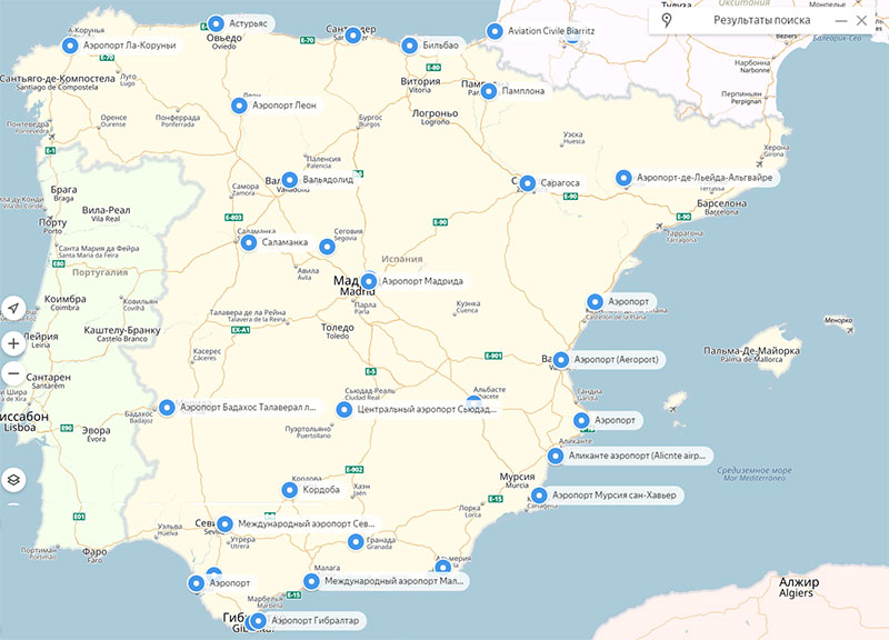 Аэропорты Испании на карте Испании