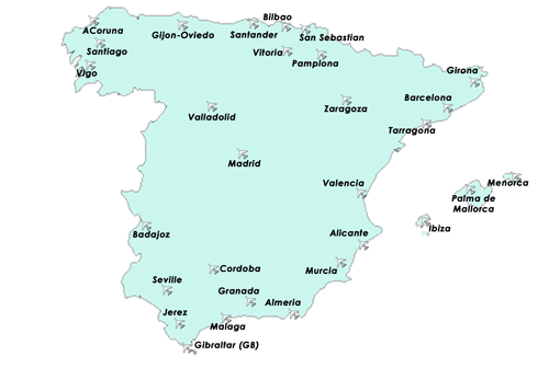 Международные аэропорты Испании на карте